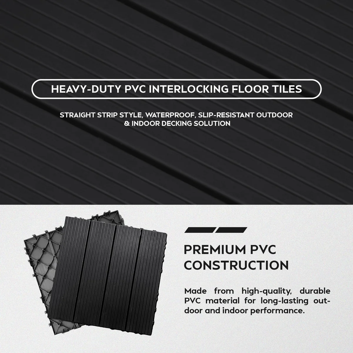 Waterproof decking tiles in dark grey, square interlocking ones with hollow bases, laid on a patio floor.