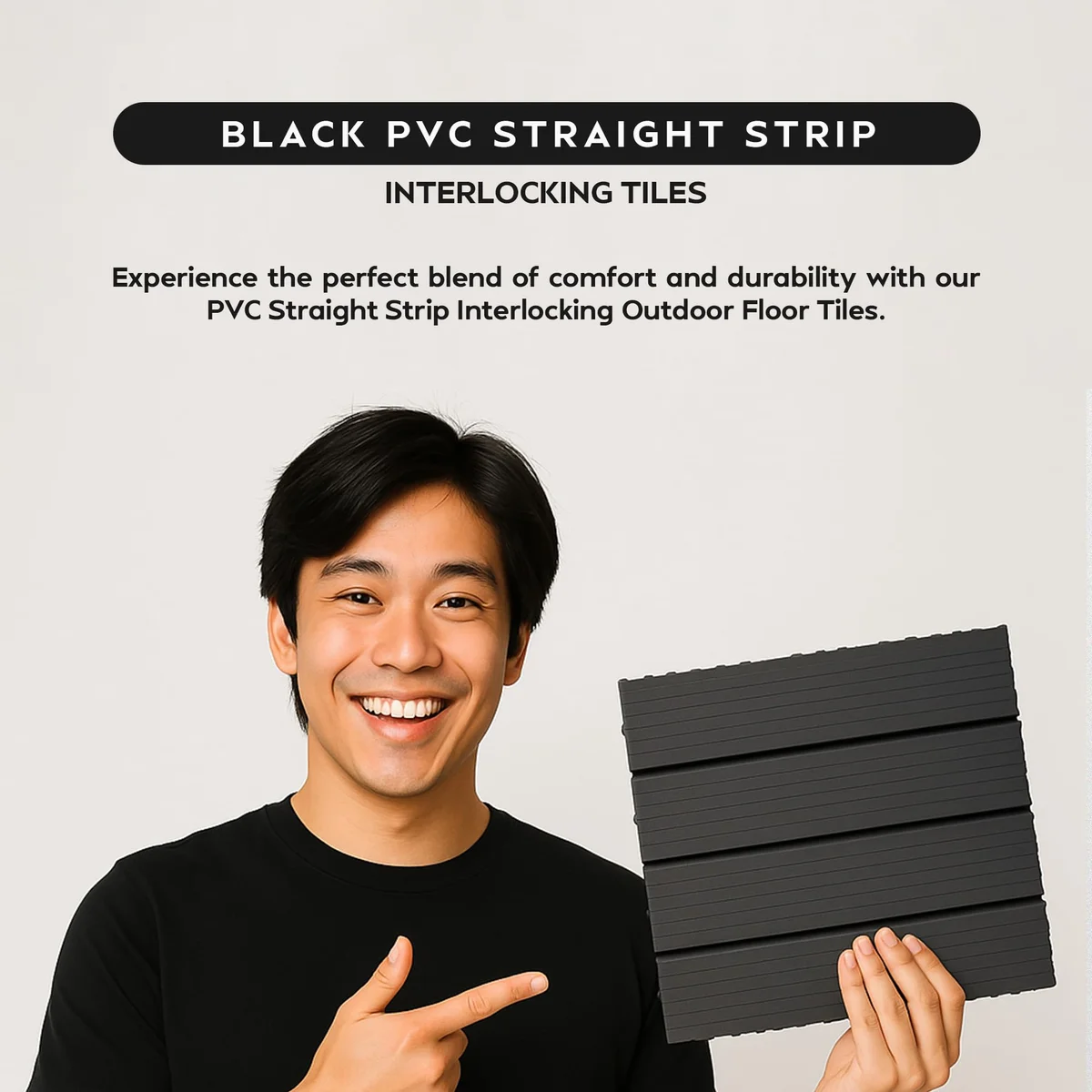 Square anthracite and grey composite decking tiles with tool‑free interlocking snap design on a patio surface.