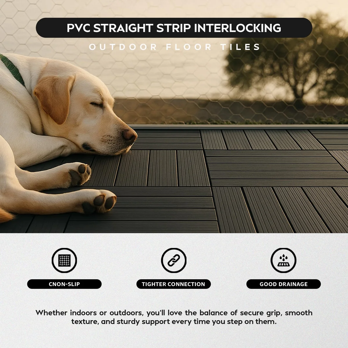 Composite decking tiles in anthracite and grey square pattern, interlocking design showing tool-free snap joints.