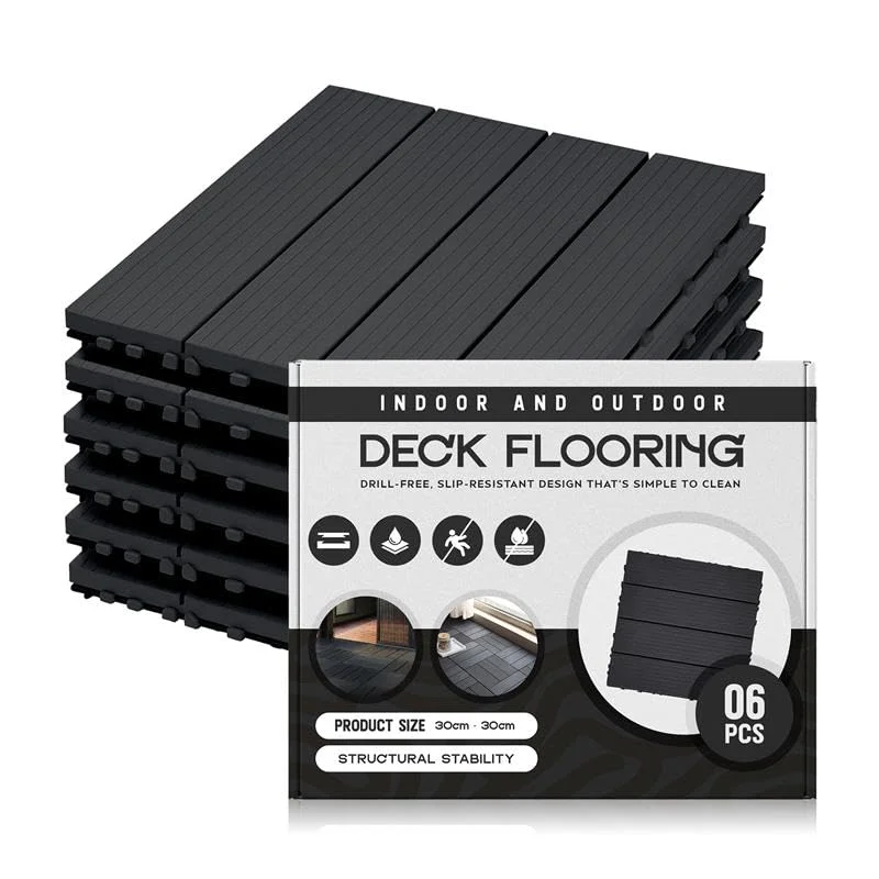 Square composite decking tiles in anthracite, interlocking snap system, showing waterproof, anti‑slip outdoor flooring.