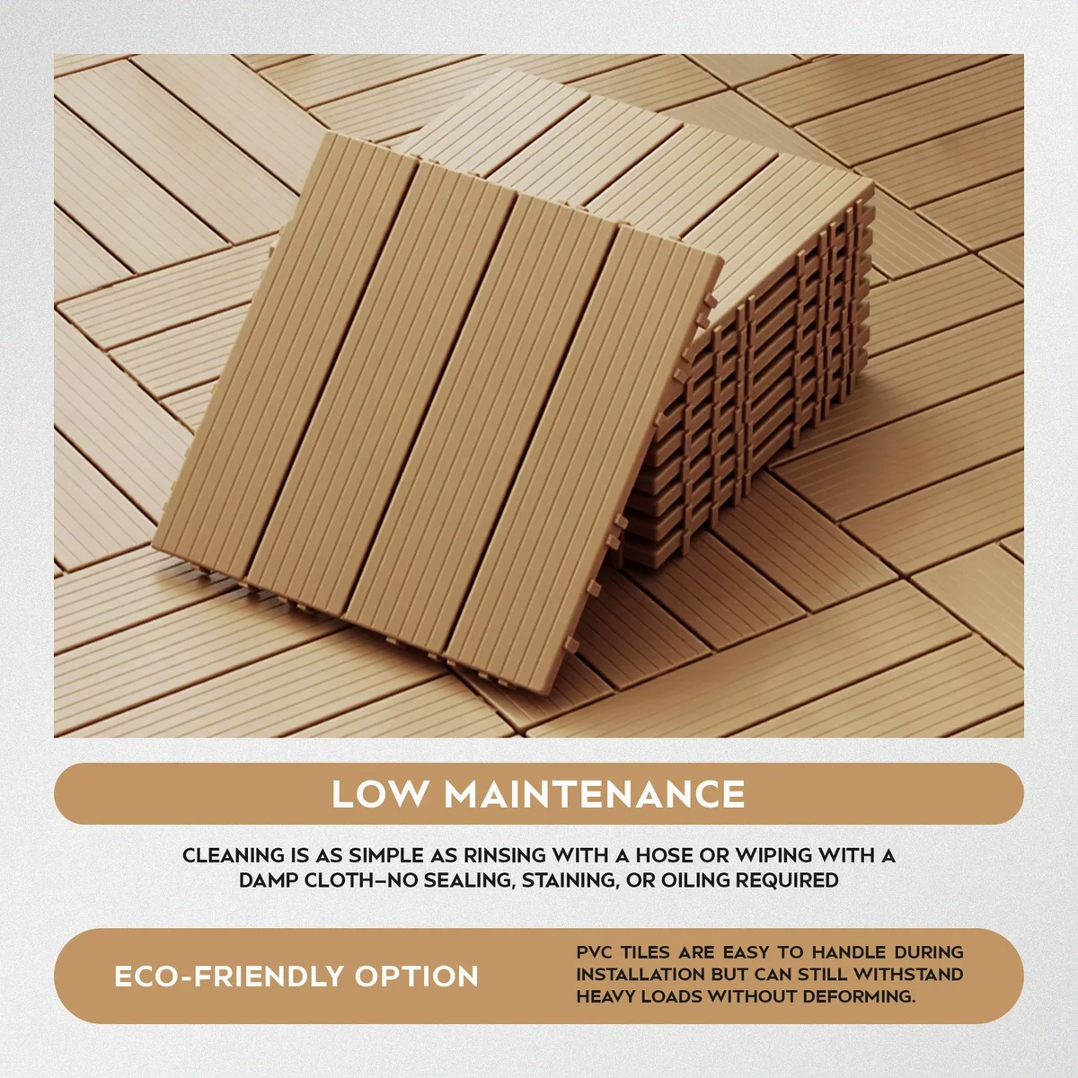 Square composite decking tiles with warm Acacia hardwood slats and interlocking plastic base for outdoor flooring