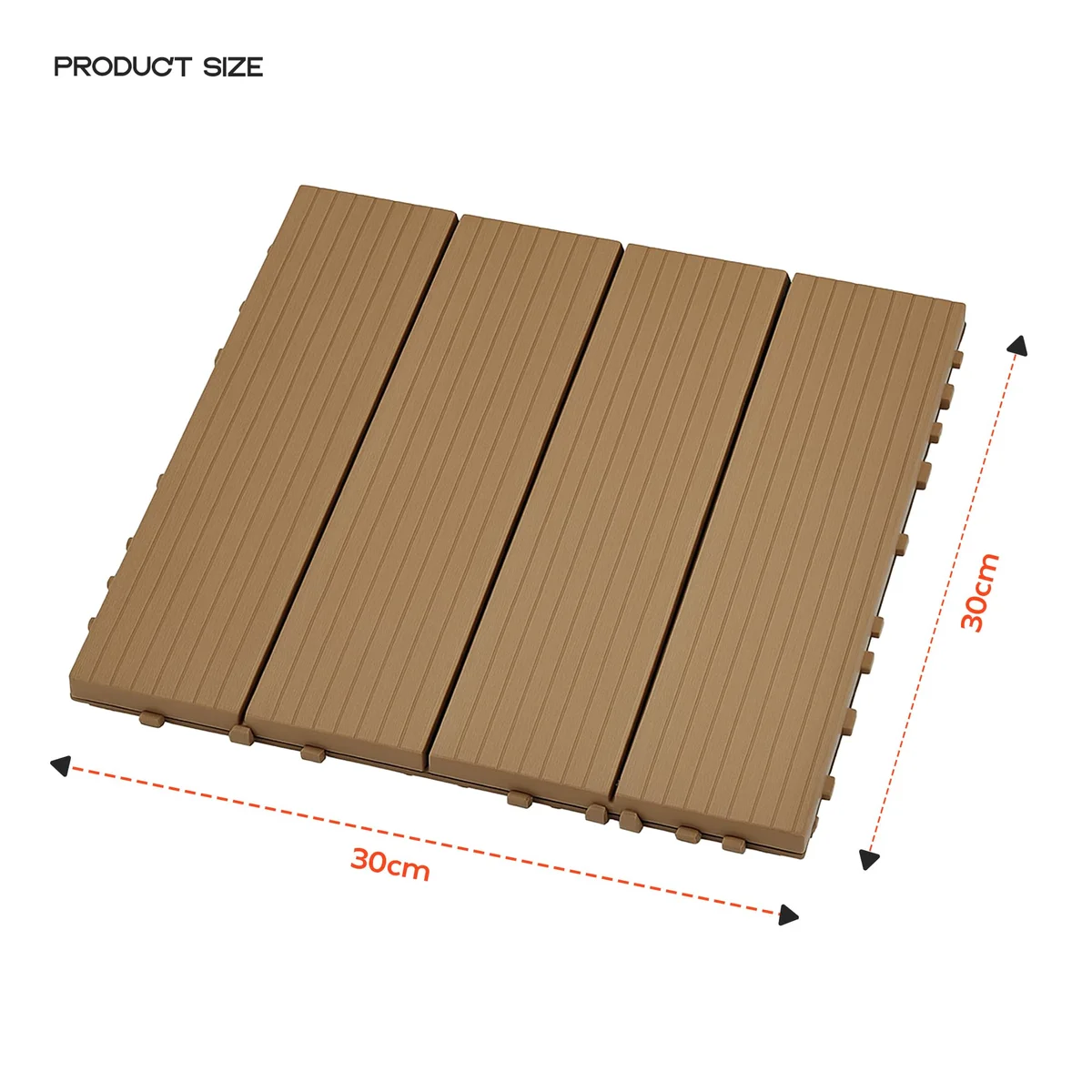 Square wooden interlocking decking tiles made from Acacia hardwood with a plastic base for outdoor flooring installation