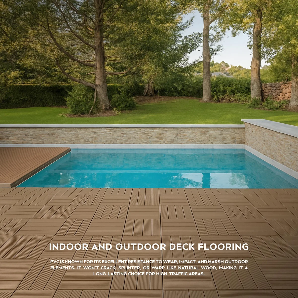 Close-up of easy installation deck tiles showing interlocking Acacia hardwood slats with plastic drainage base