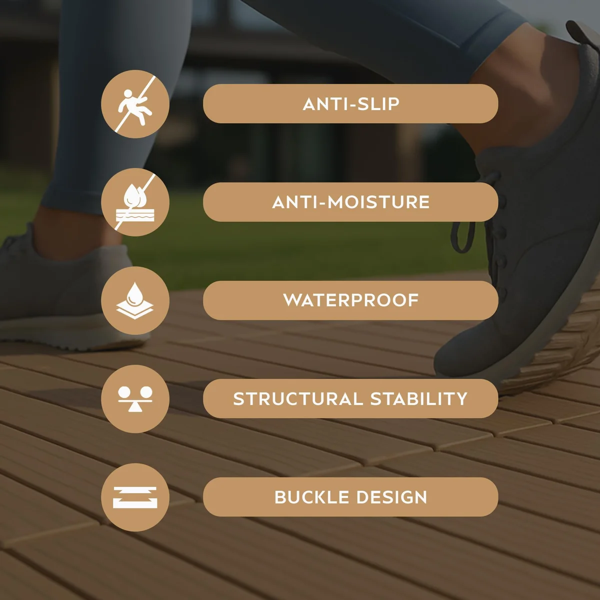 Close-up of tool-free interlocking composite decking tiles made from natural Acacia hardwood on an outdoor patio floor