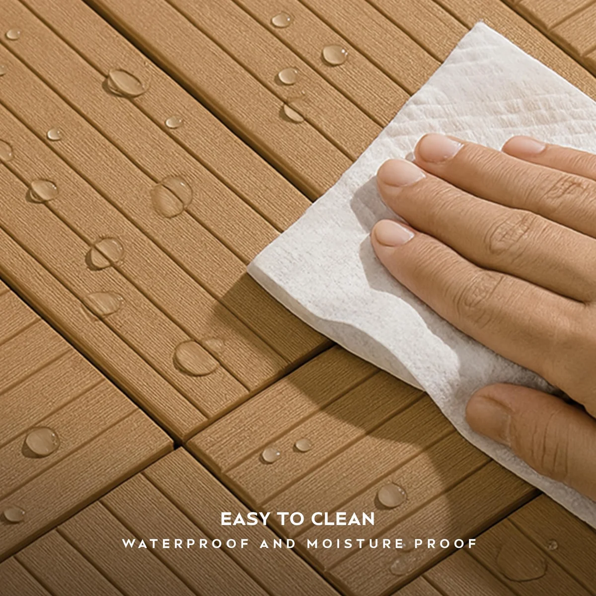 Close-up of tool-free interlocking composite decking tiles made from Acacia hardwood with plastic drainage base