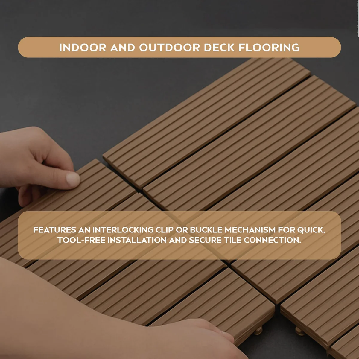 Close-up of interlocking composite decking tiles made from Acacia hardwood with plastic drainage base