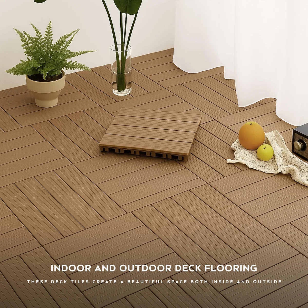 Close-up of interlocking composite decking tiles made from Acacia hardwood with drainage base visible underneath