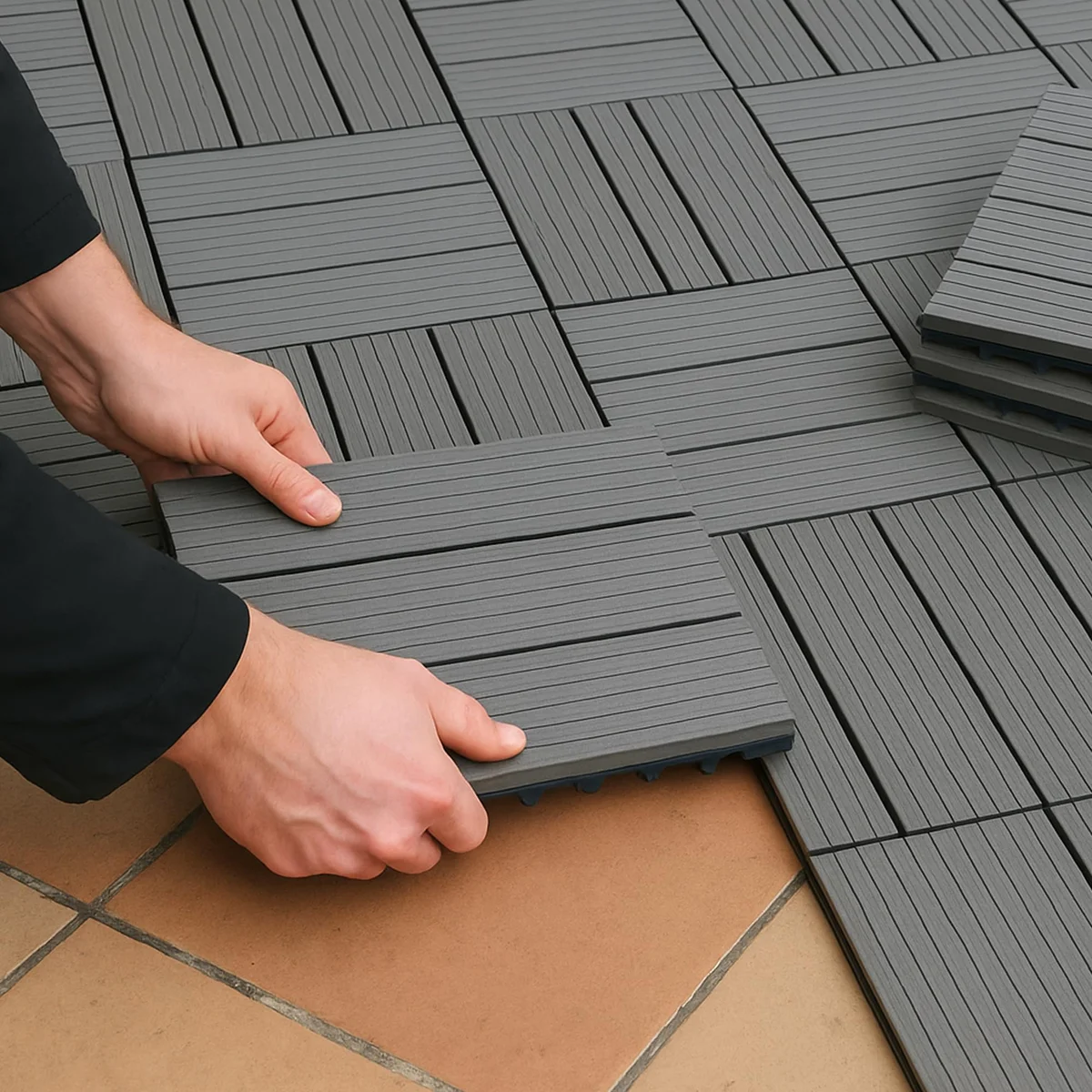 Anthracite interlocking patio tiles with 4-slat design, snapped together on an outdoor patio surface