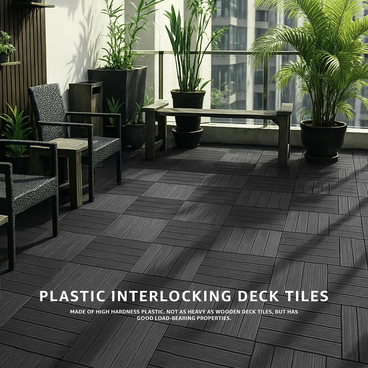 Grey plastic composite tiles with interlocking edges arranged in a 4-slat straight pattern on outdoor patio floor