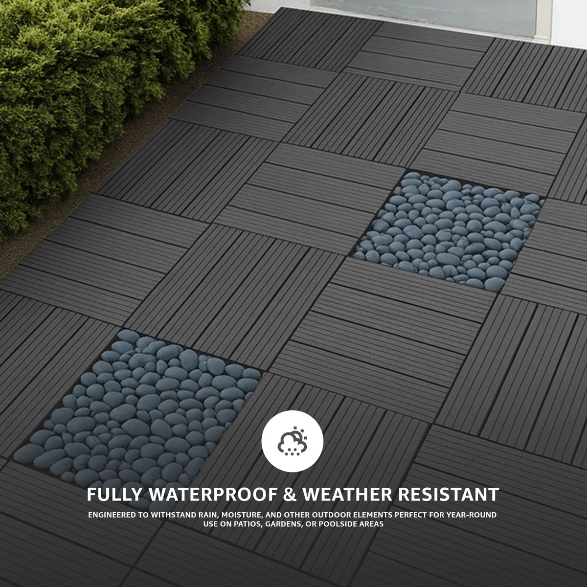 Easy install decking tiles in anthracite color shown interlocked on a patio with visible slat pattern and drainage gaps