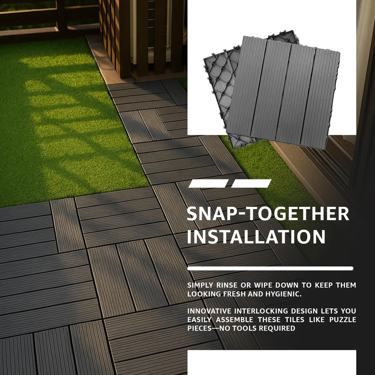 Close-up of anthracite interlocking patio tiles with 4-slat straight pattern, showing snap-lock edges and drainage design