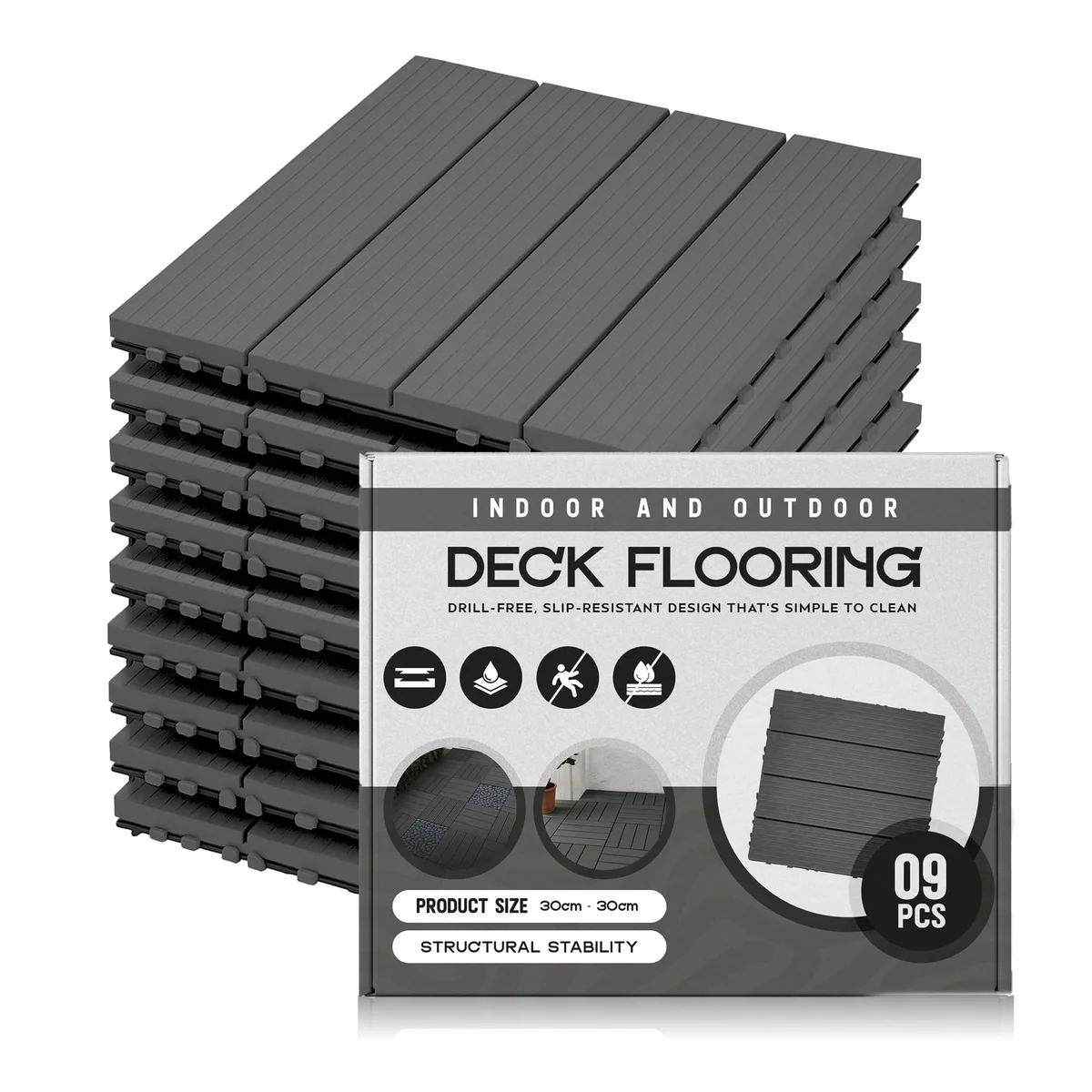 Anthracite interlocking patio tiles with 4-slat pattern installed on outdoor balcony floor, showing snap-lock edges