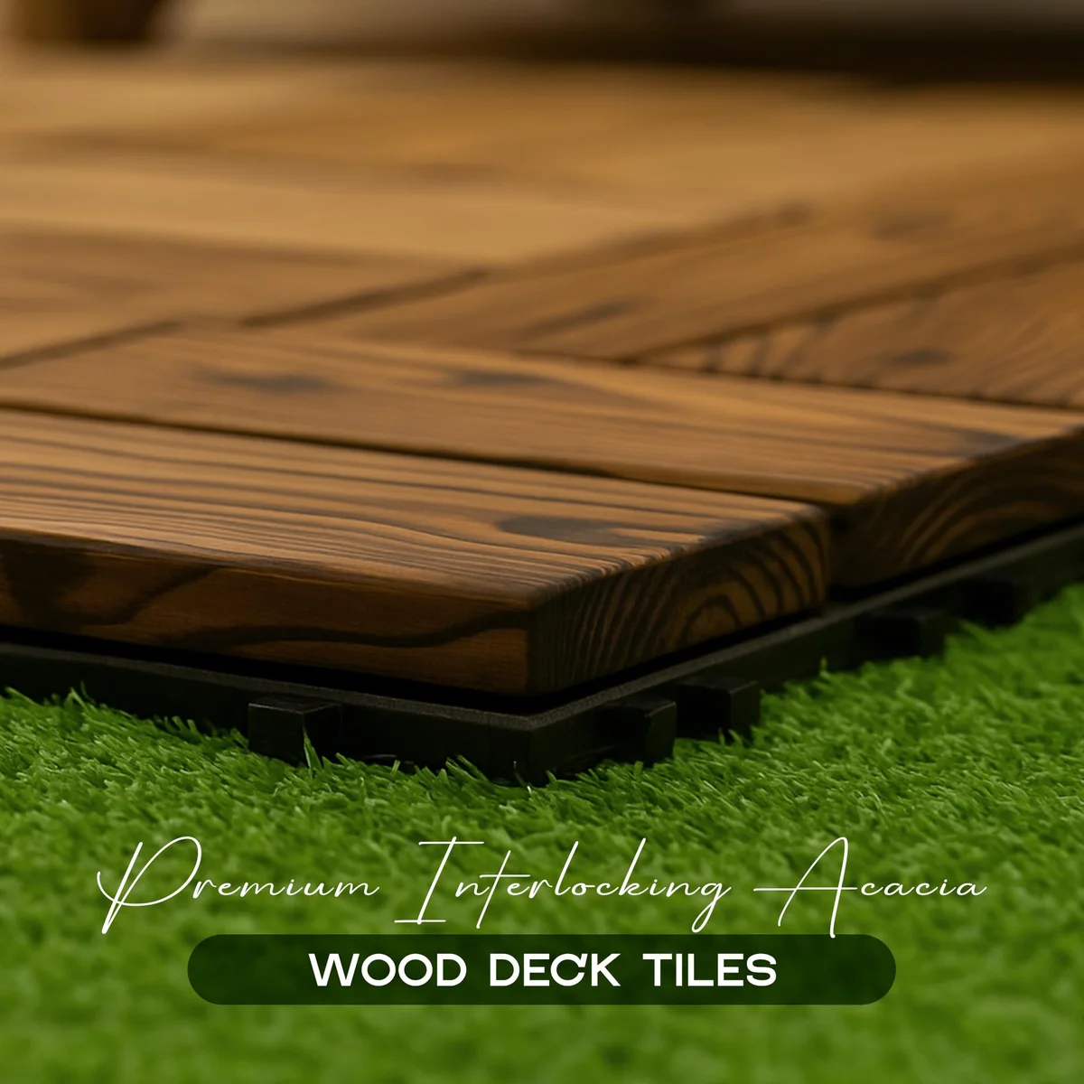 Square composite decking tiles with wooden acacia finish, showing interlocking edges and textured surface