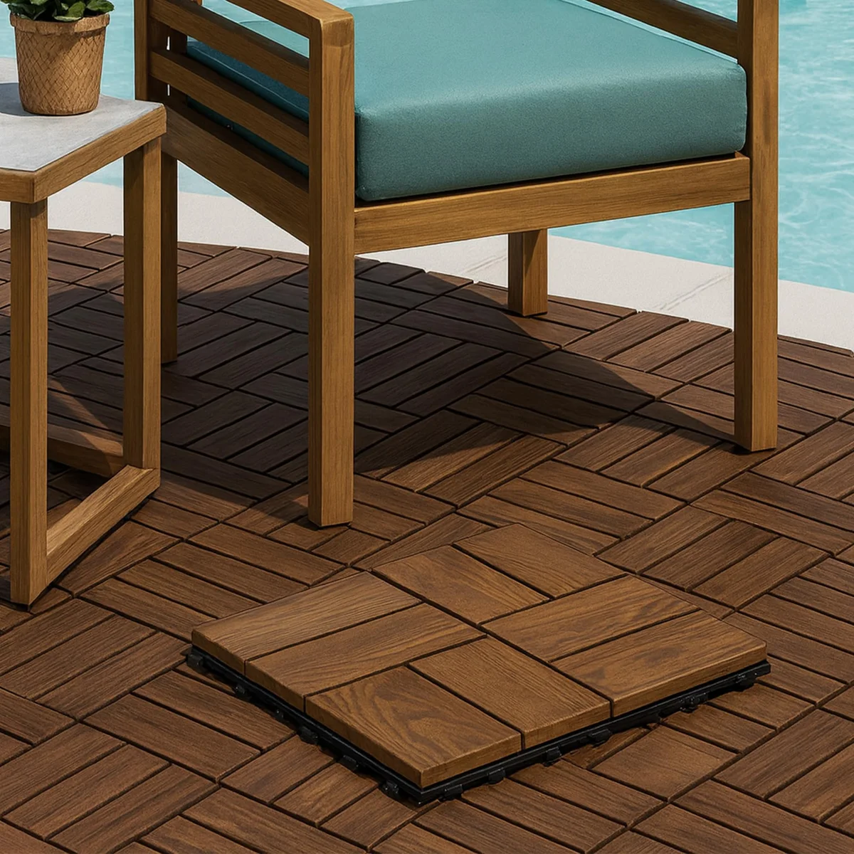 Square outdoor decking tiles with wooden look composite finish and interlocking edges on a patio floor