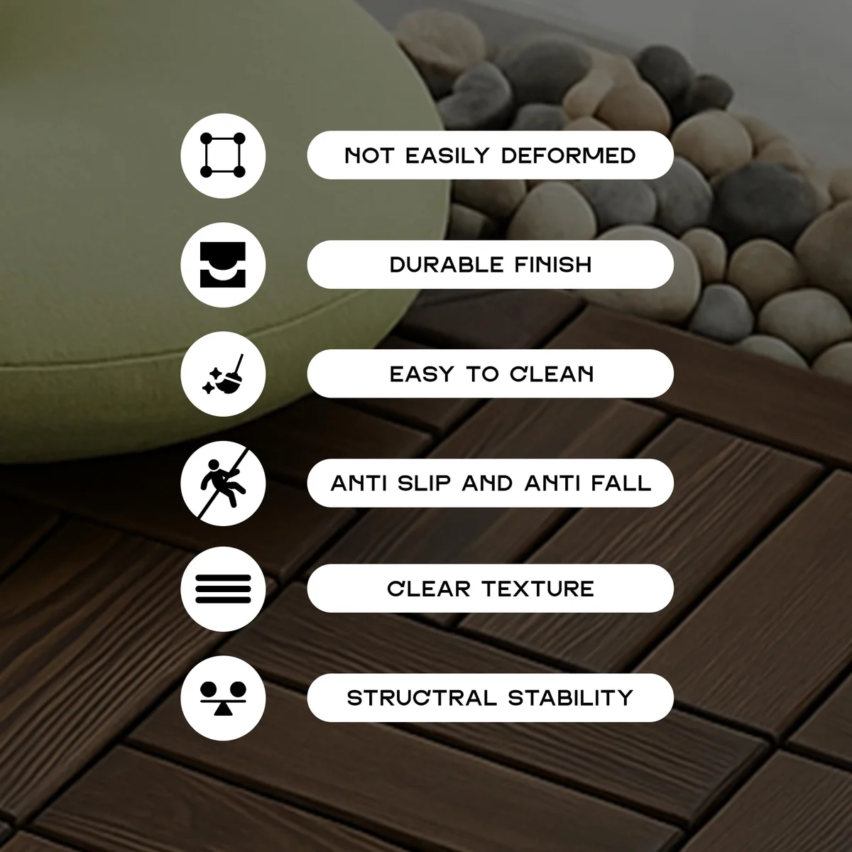 Interlocking acacia wood tiles installed on outdoor patio with natural wood finish and elevated drainage base