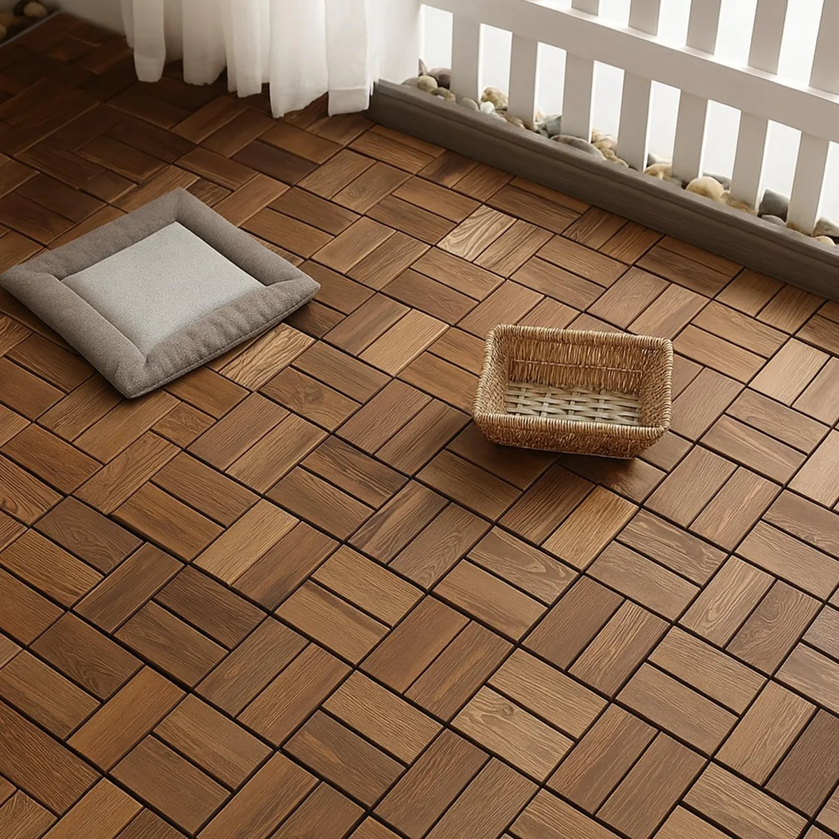 Close-up of interlocking wooden look composite decking tiles with acacia hardwood finish and plastic base