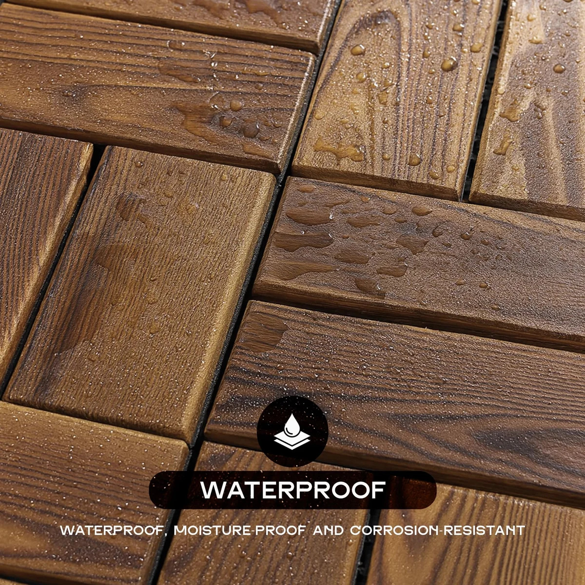 Close-up of interlocking wooden look composite decking tiles with acacia hardwood finish and drainage base system