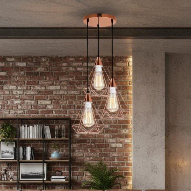 Industrial metal pendant lamp with three adjustable hanging cords and diamond-shaped metal shades in vintage style