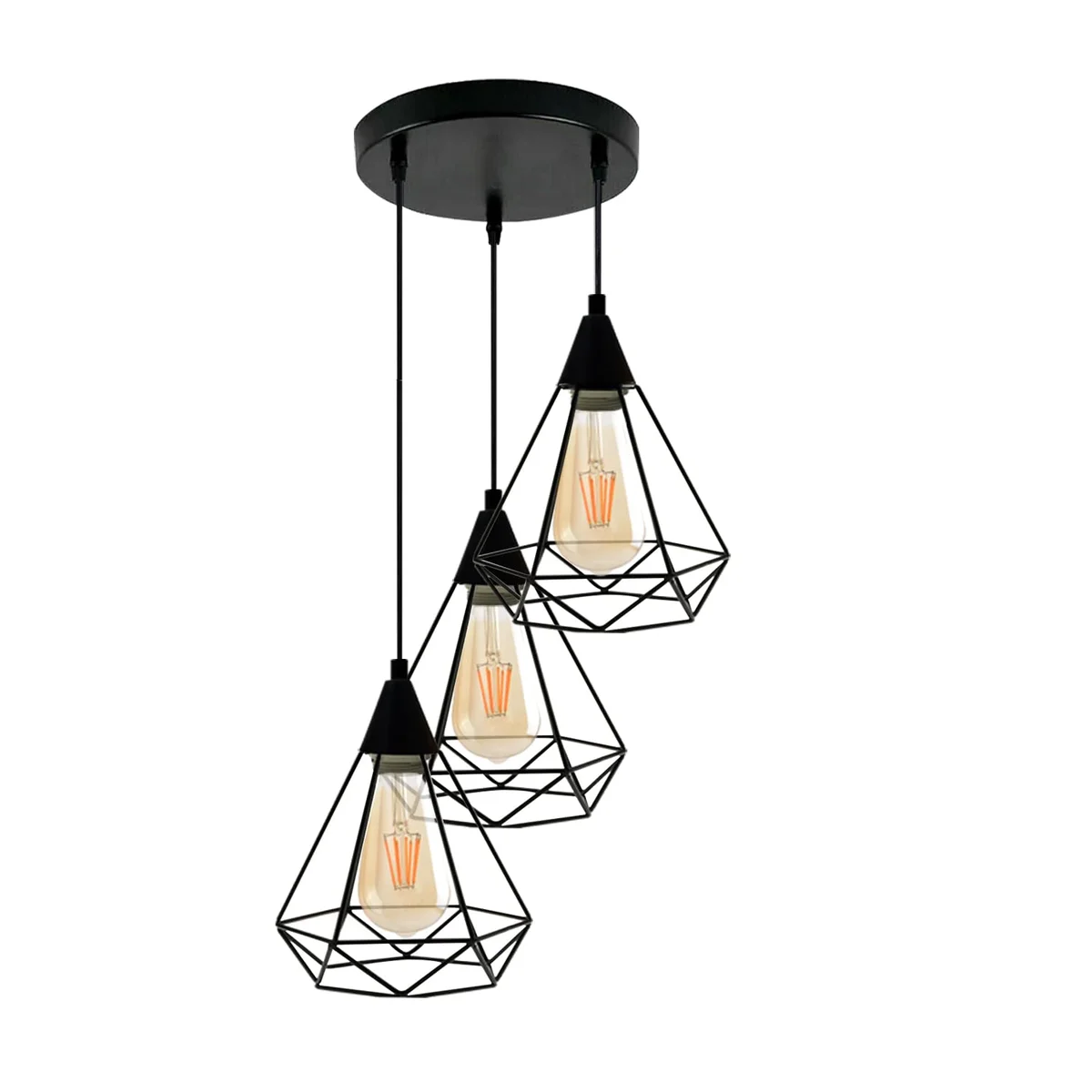 Three-head industrial pendant lighting with electroplated metal diamond-shaped shades hanging from adjustable cords