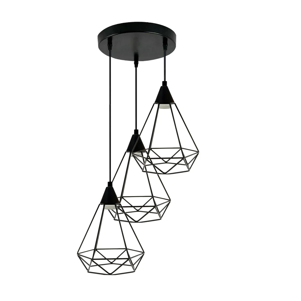 Industrial metal pendant lamp with three adjustable cords and diamond-shaped shades, suitable for E27 ceiling lamp bulbs