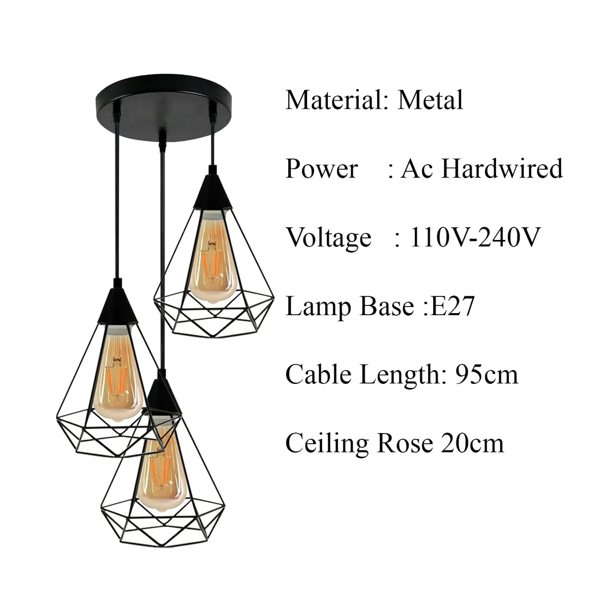 Industrial metal adjustable hanging pendant lamp with three electroplated diamond-shaped shades on cords