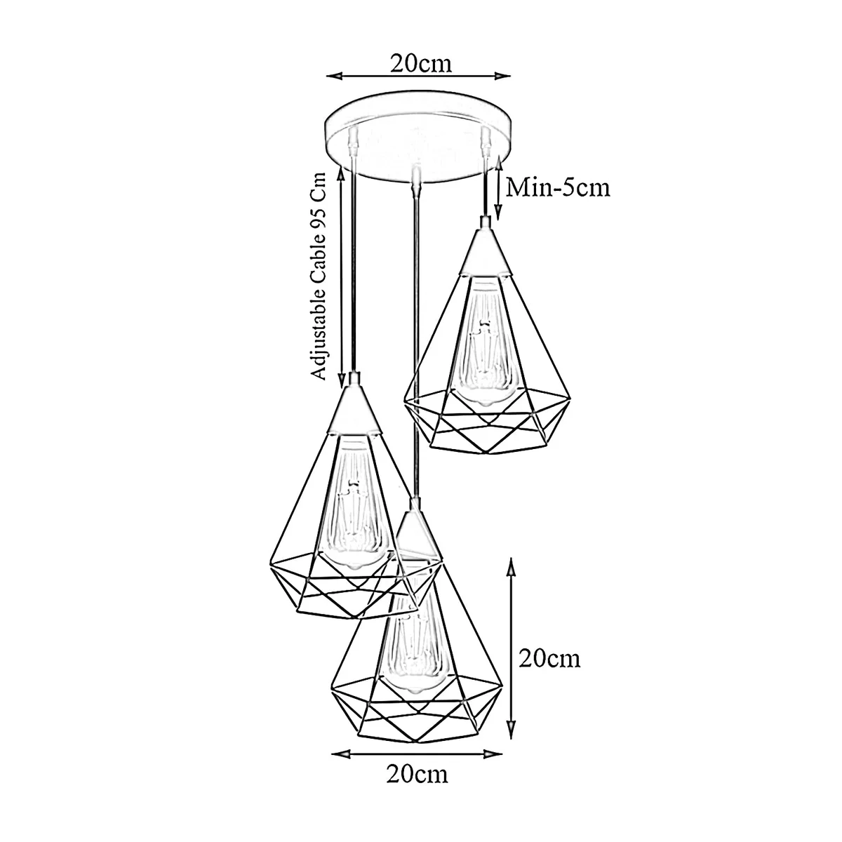 Three-head industrial metal pendant lamp with adjustable cords and diamond-shaped metal shades in antique style