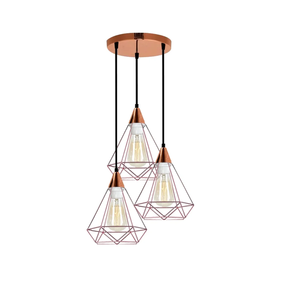 Three-head industrial metal pendant lamp with diamond-shaped metal shades and adjustable cords hanging from ceiling