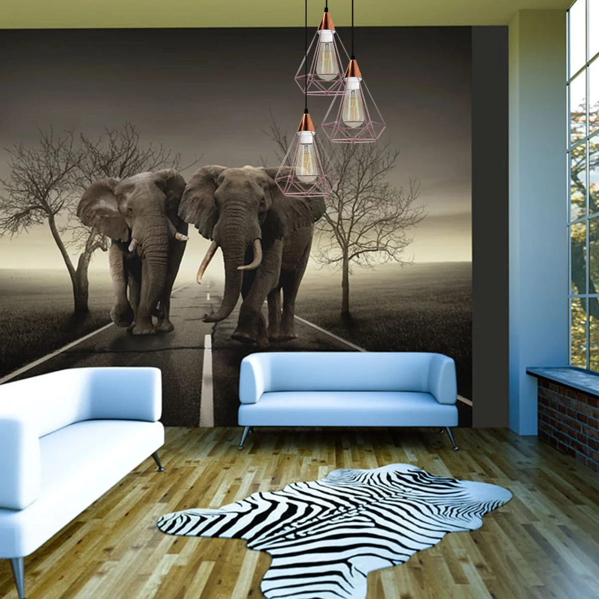 Three-head industrial metal pendant lamp with adjustable cords and diamond-shaped electroplated metal shades hanging from ceiling