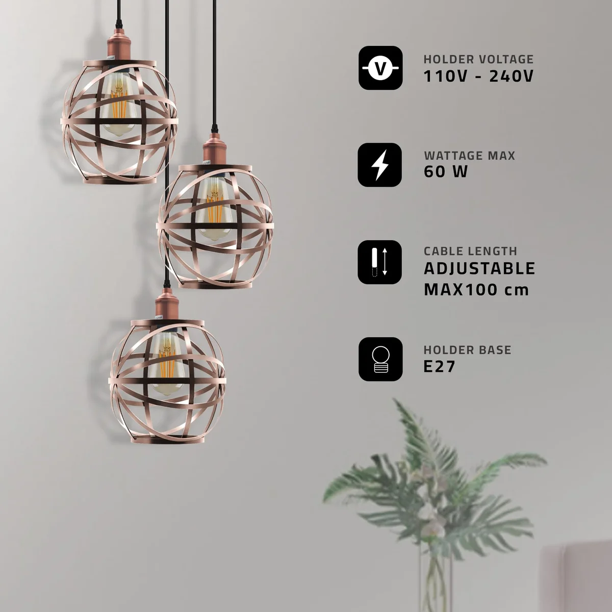 Industrial pendant light with three metal cage shades in black, ceiling mounted with adjustable 1m cable length