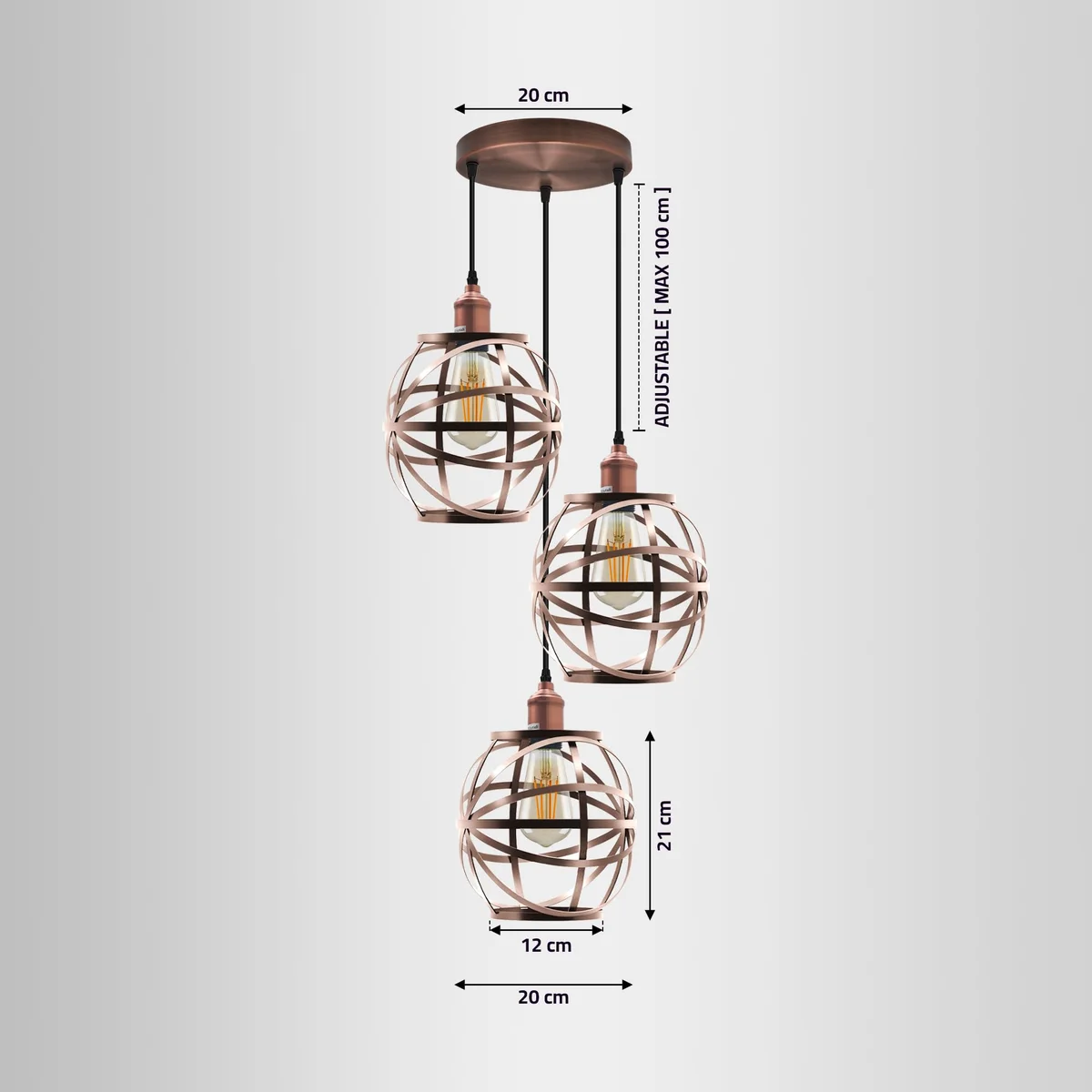 Industrial metal cage pendant light with three wired lampshades, black metal finish, and adjustable 1m cable length