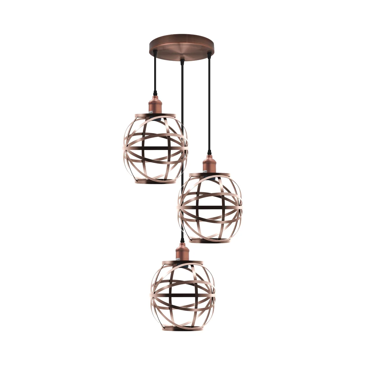 Industrial metal cage pendant light with three E27 bulb pendant holders and adjustable 1m cable in black finish