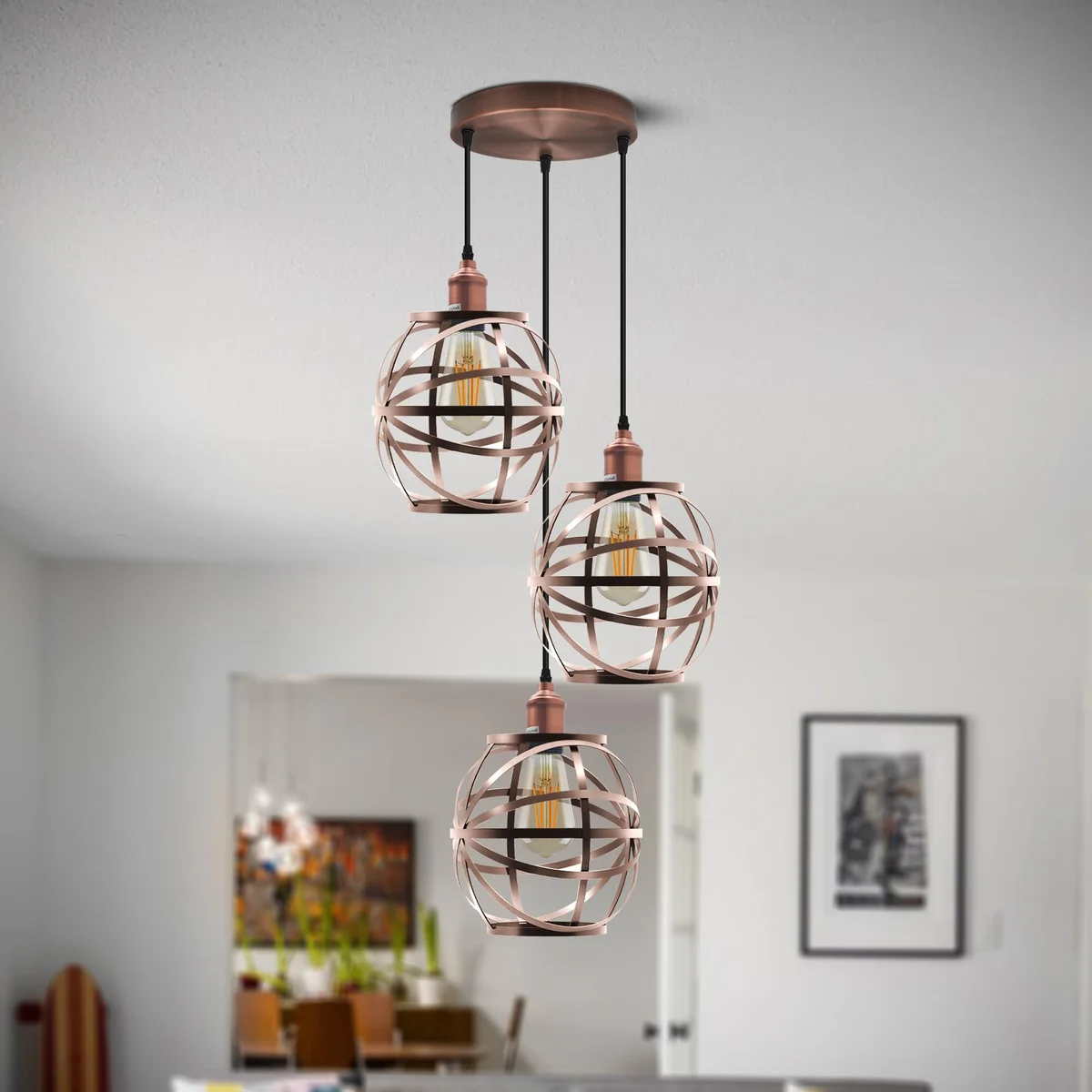 Three-head metal cage pendant light fitting in industrial style lighting with adjustable 1m cable and ceiling rose