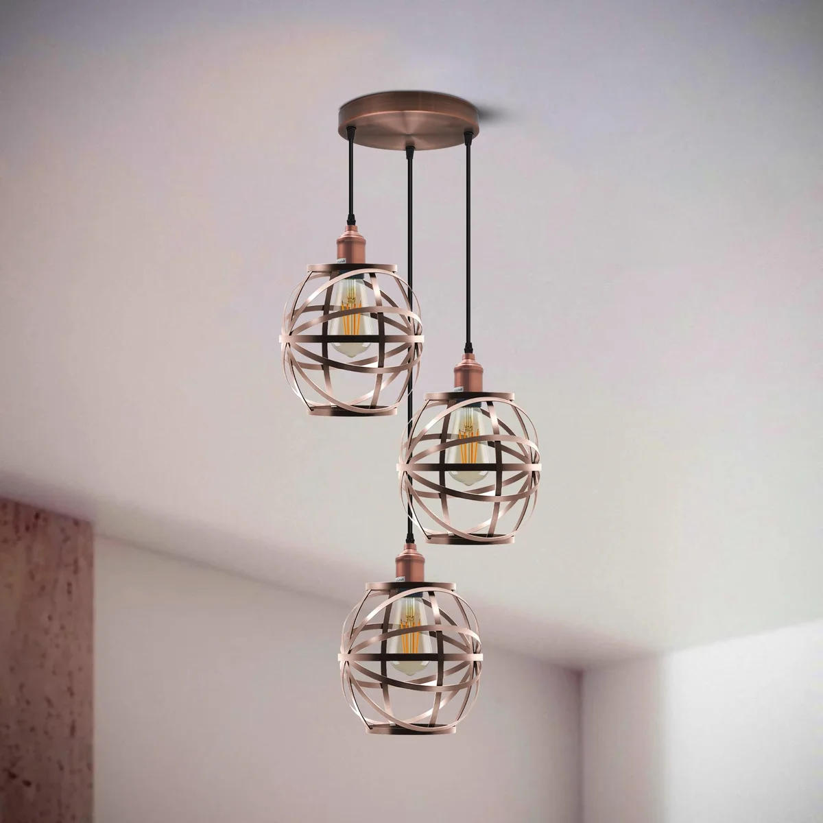 Industrial metal three head pendant light with welded cage design and adjustable 1m cable for ceiling mounting