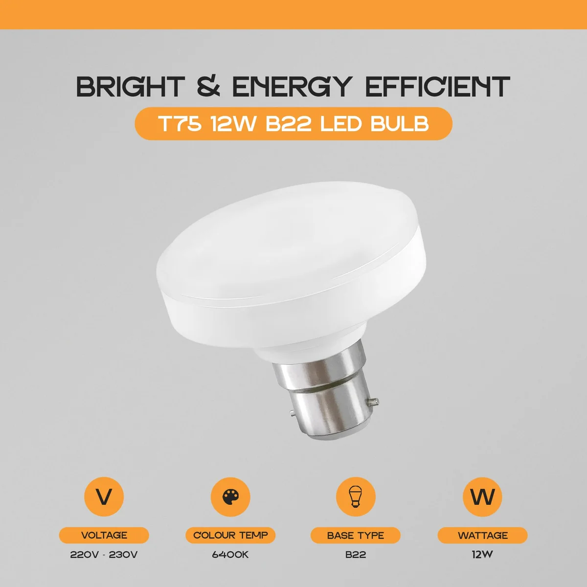 T75 B22 12 watt LED spotlight bulb with cool white 6400K light, plastic and metal body, bayonet base