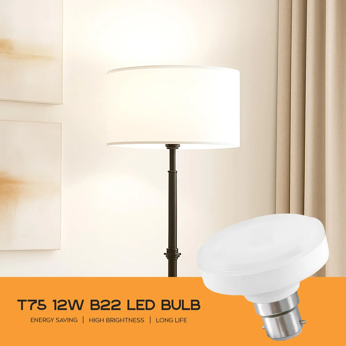 T75 B22 energy efficient LED bulb glowing bright cool white 6400K with 12W power and bayonet base
