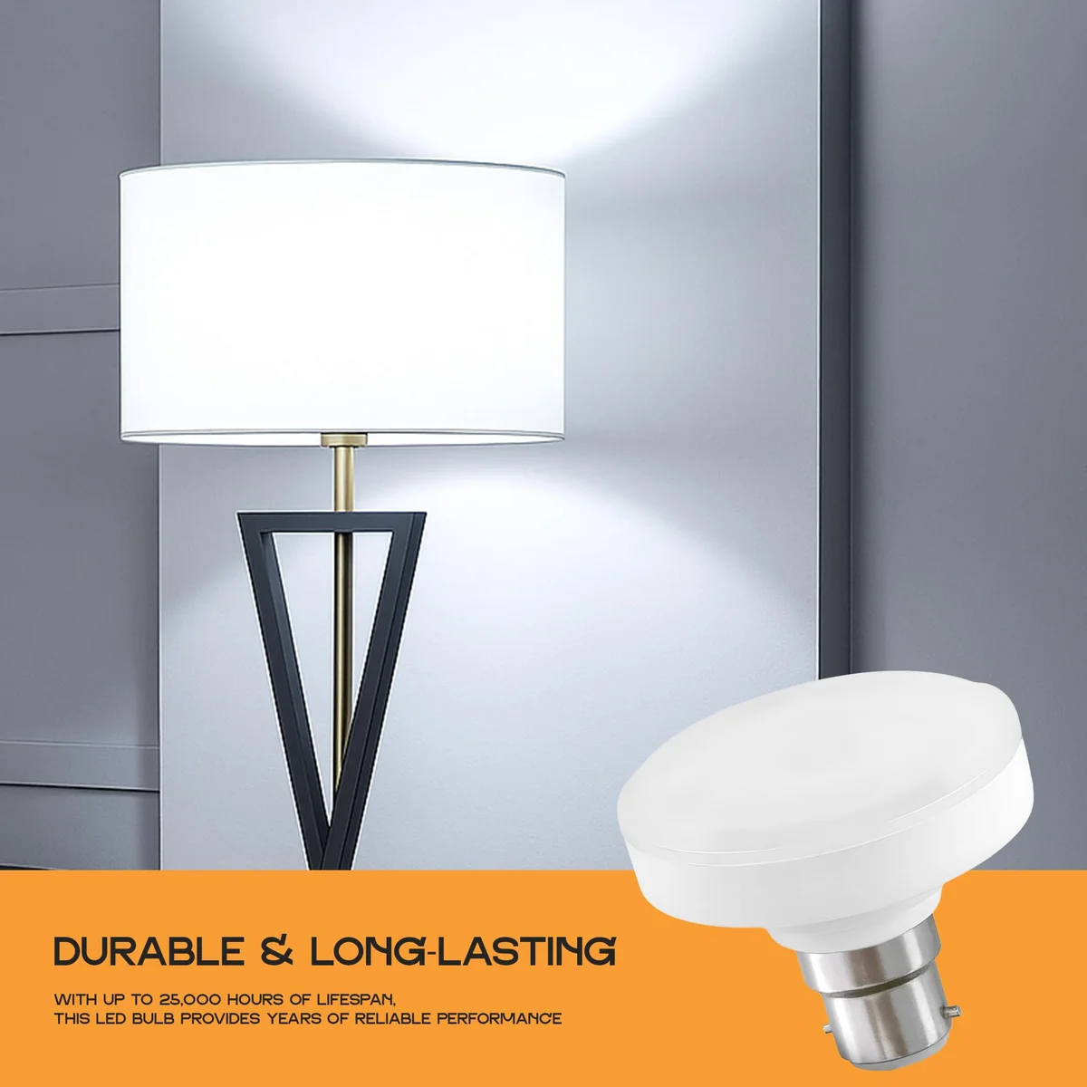 T75 B22 12W cool white long life LED bulb with bayonet base, plastic and metal body, emitting 6400K light