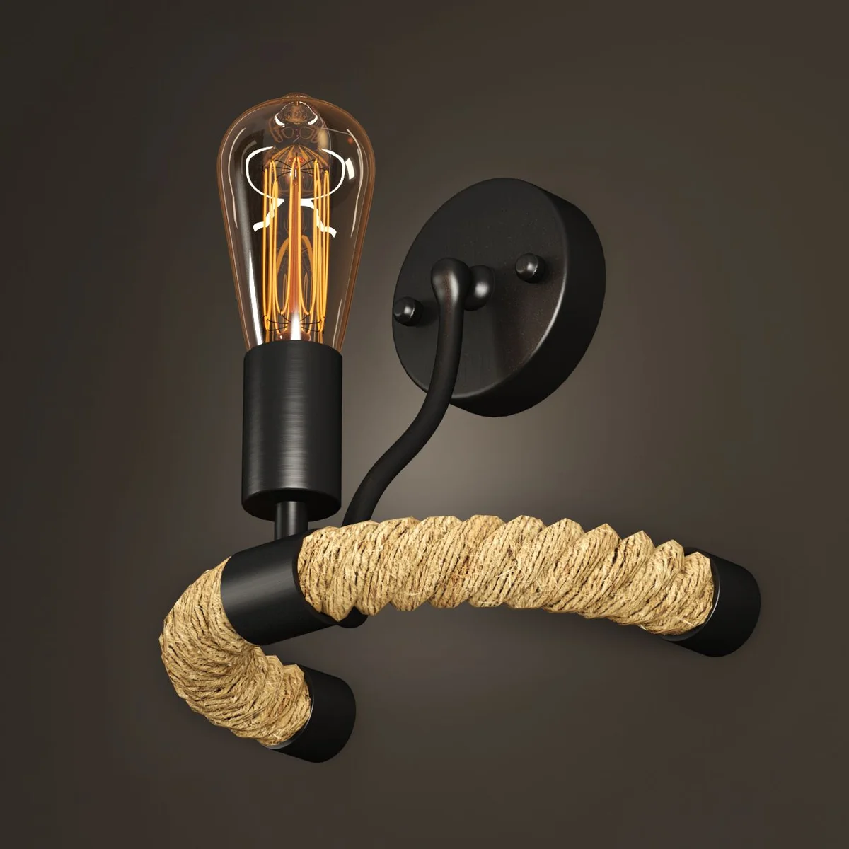 Rustic rope wall light with black metal frame and thick natural jute rope, vintage industrial style, E27 bulb holder