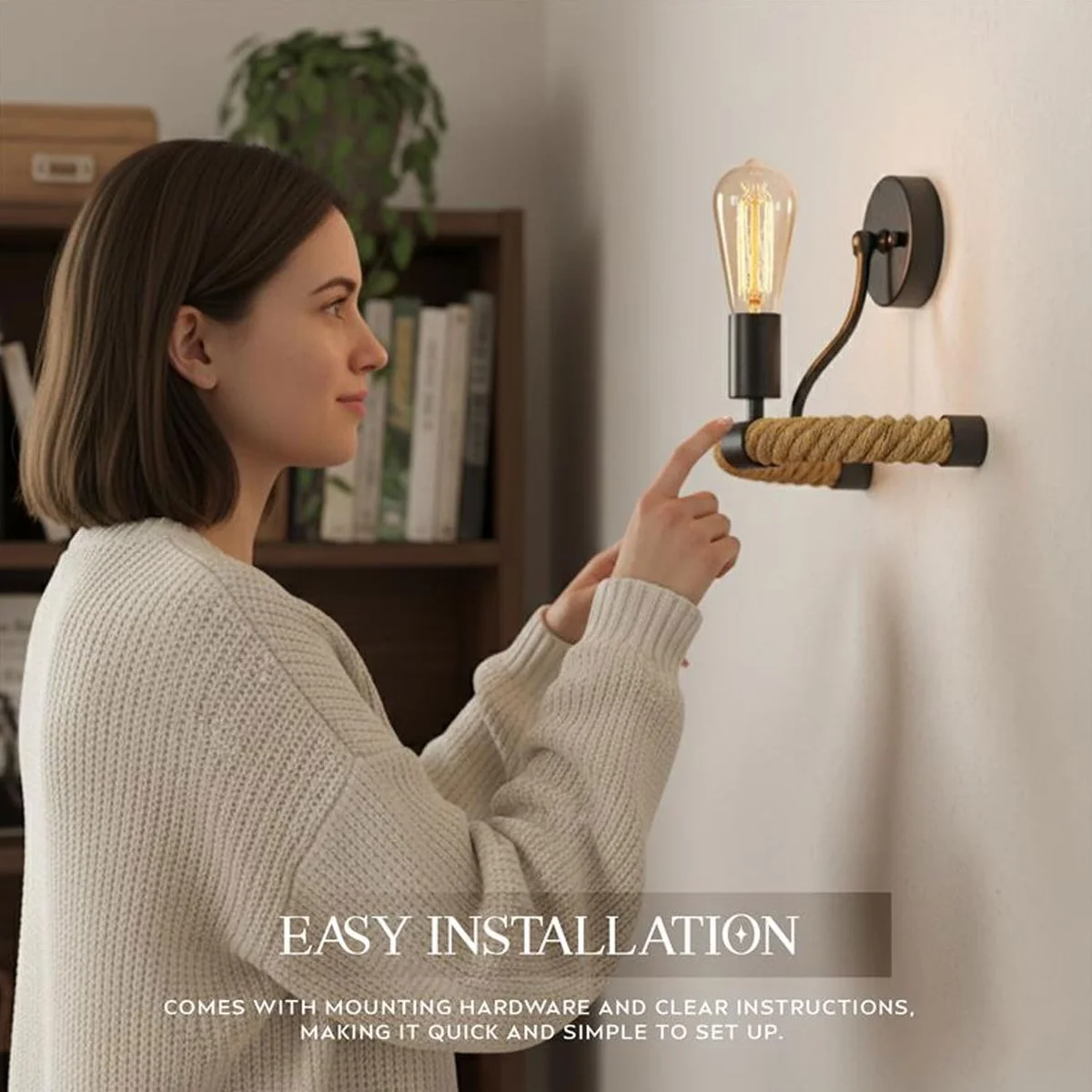 Vintage wall sconce with black metal frame and thick natural jute rope, designed for E27 bulbs, rustic industrial style