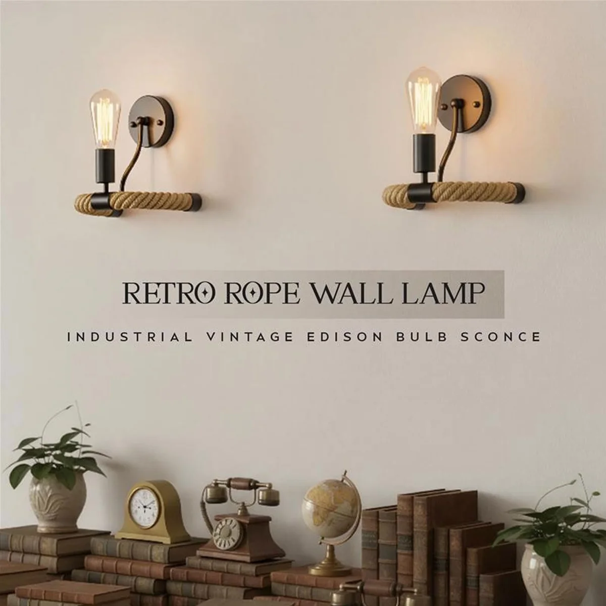 Rustic indoor rope light wall sconce with black metal frame and natural hemp rope, vintage style, E27 bulb compatible