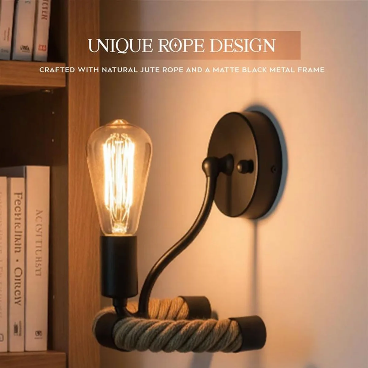 Rustic industrial style lamp with black metal frame and thick natural jute rope, wall mounted with E27 bulb holder