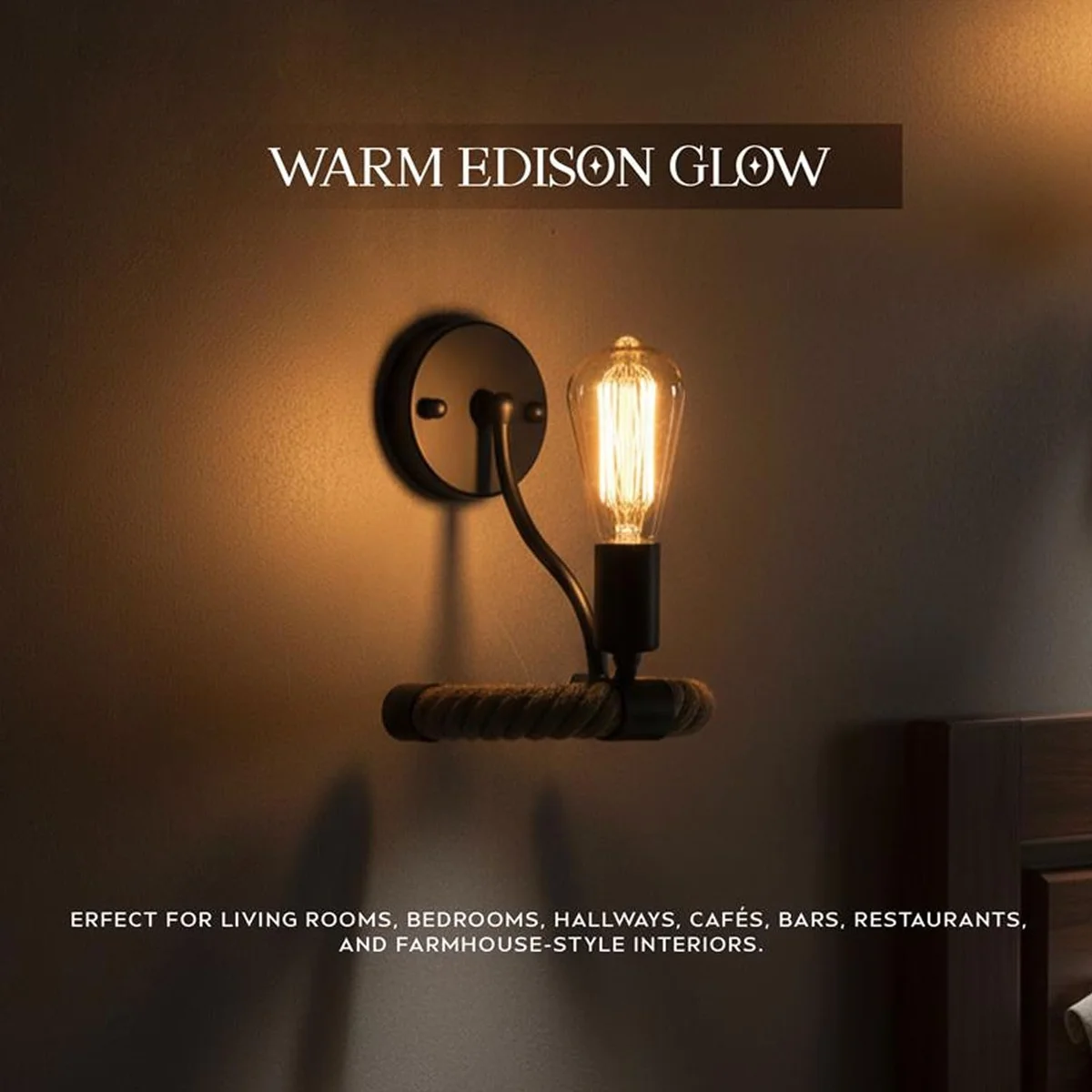 Rustic vintage hardwired wall light with black metal frame and thick natural jute rope, E27 bulb holder, mounted on wall