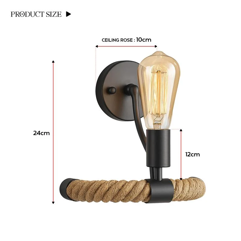 Rustic rope wall light with black metal frame and thick natural jute rope, mounted on white indoor wall