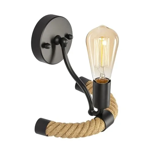 Rustic rope wall light with black metal frame and thick natural jute rope, vintage style, mounted on white wall indoors