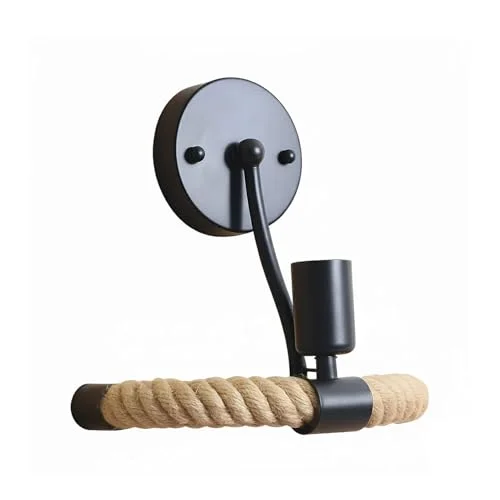 Rustic rope wall light with black metal frame and natural jute rope, vintage style, mounted on a white wall indoors