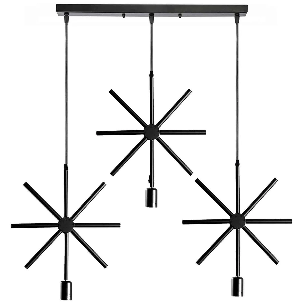 Black industrial metal pendant light with iron frame hanging from ceiling, suitable for dining or kitchen areas