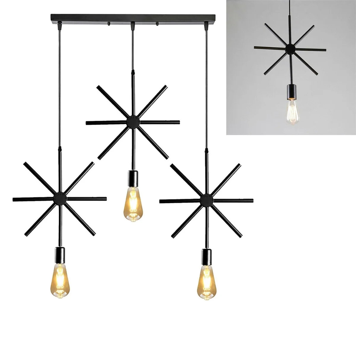 Black industrial metal pendant light with iron frame hanging from ceiling, ideal for dining or kitchen task lighting