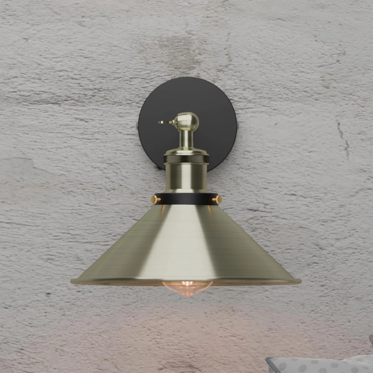 Vintage wall light with metal cone shade and arm, retro industrial indoor wall sconce in antique rustic style