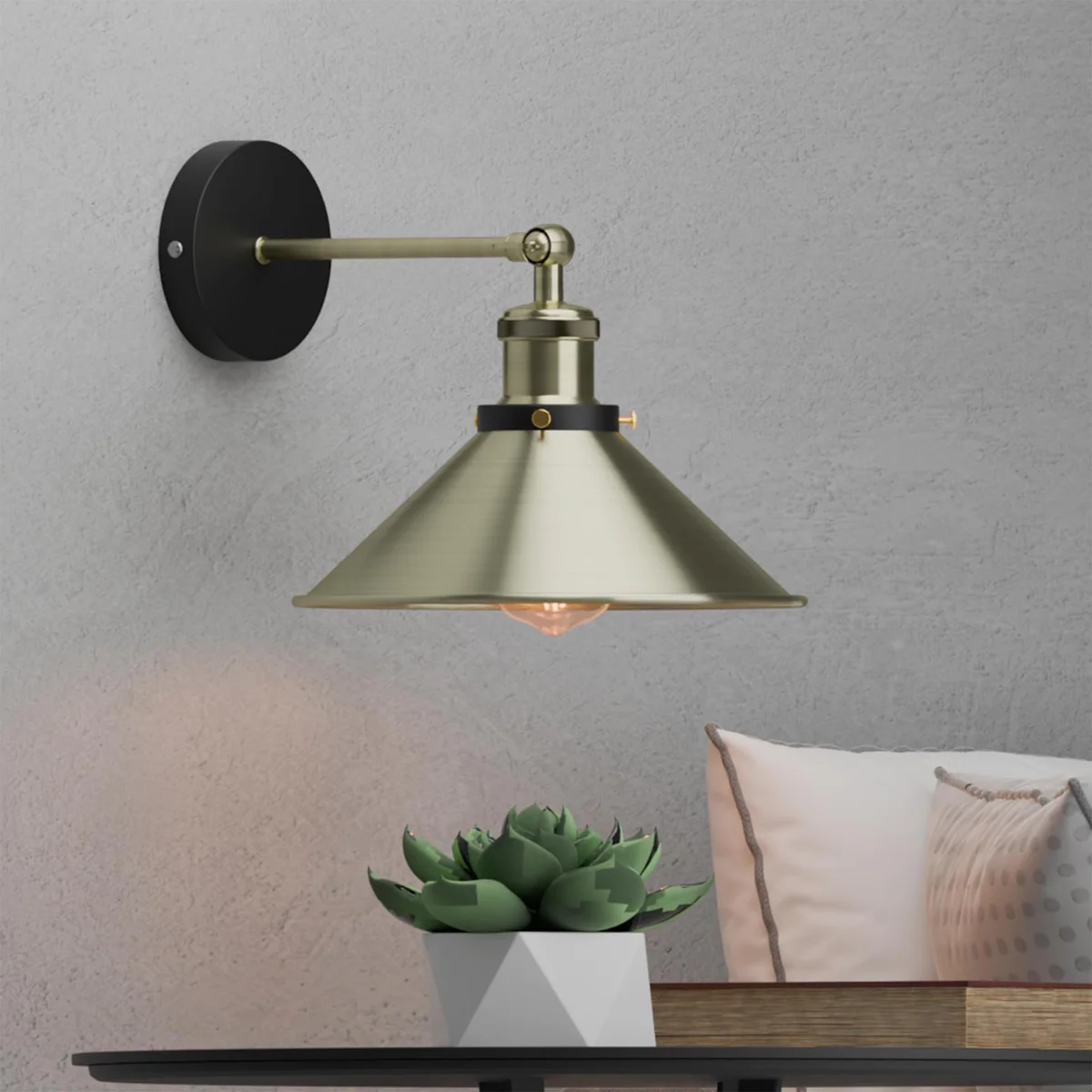 Industrial wall light with vintage cone-shaped metal shade and arm, hardwired indoor wall sconce in rustic retro style