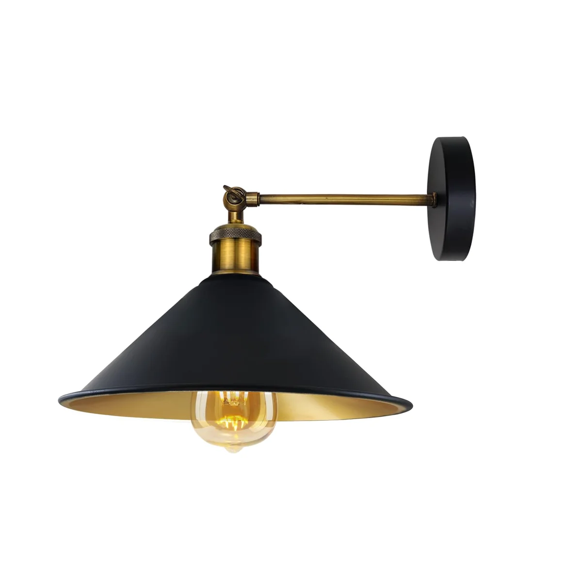 Vintage style metal wall sconce with cone-shaped shade and arm, suitable for indoor industrial decor, hardwired fitting