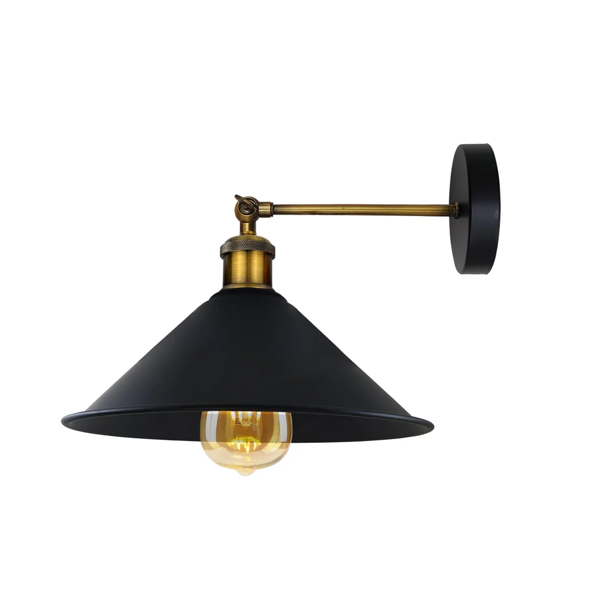 Vintage industrial E27 base wall light with cone metal shade and arm, mounted on a 10cm wide wall fitting base